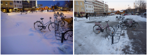 Asema-aukion pyöräparkki talvella 2013 ennen ja jälkeen puhdistamisen. Lisätietoja: http://jkl.kaupunkifillari.fi/blog/2012/03/07/keskusta-alueen-pyoraparkkien-talvikunnossapidosta/